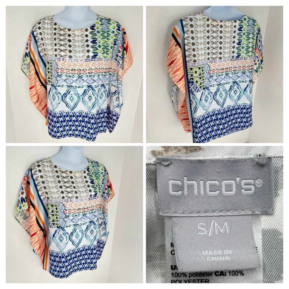 Chicos‎ Poncho Tunic Top Size S/M Artsy Abstract Colorful Kimono Cover Flowy